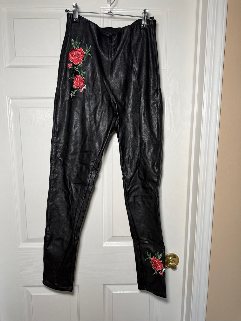Divided Black Faux Leather Skinny Pants with Red Rose Embroidery